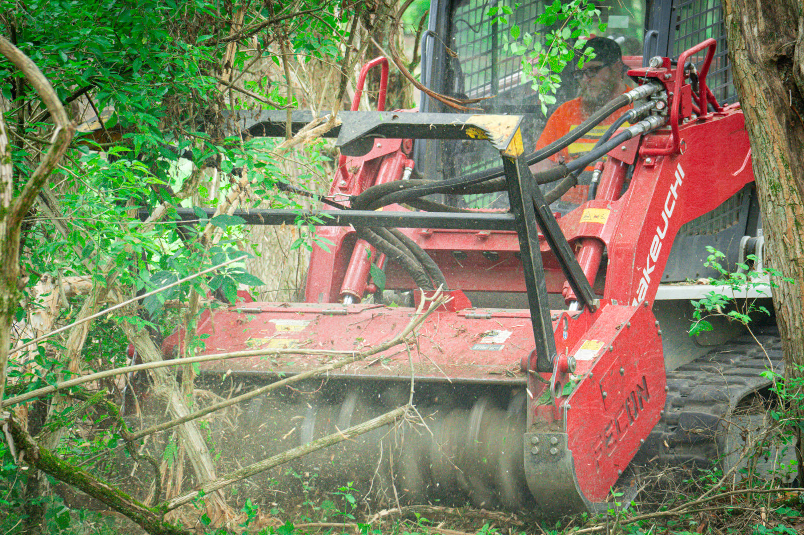 Brushworks forestry mulcher processing Ohio honeysuckle, saplings, and invasive brush